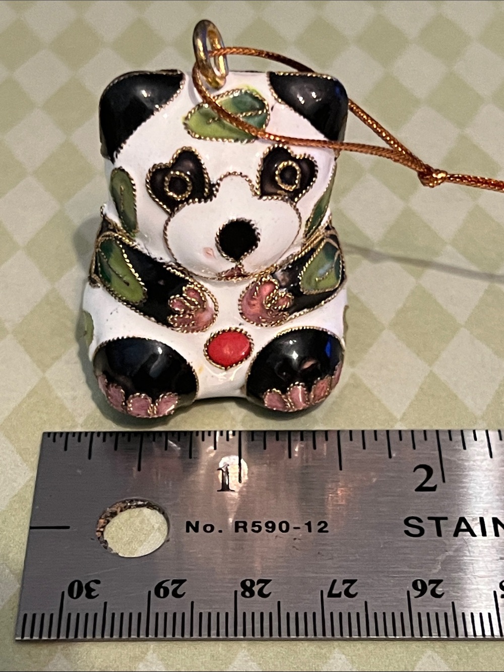 Cloisonné Panda Ornament - White, Black, Green, Red Accents